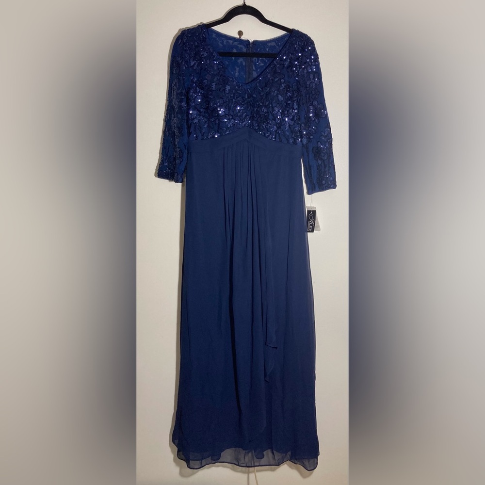 Alex Evenings Navy Blue Sequin Embellished Gown | V-Neck‎ | Empire Waist - Picture 2 of 15